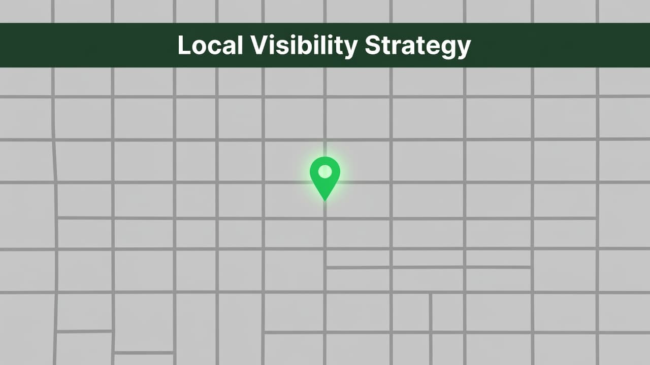 A minimalist top-down city grid map features neutral grey streets and blocks. A vibrant green location pin marks a central corner, highlighted by a bold header regarding local visibility strategies.