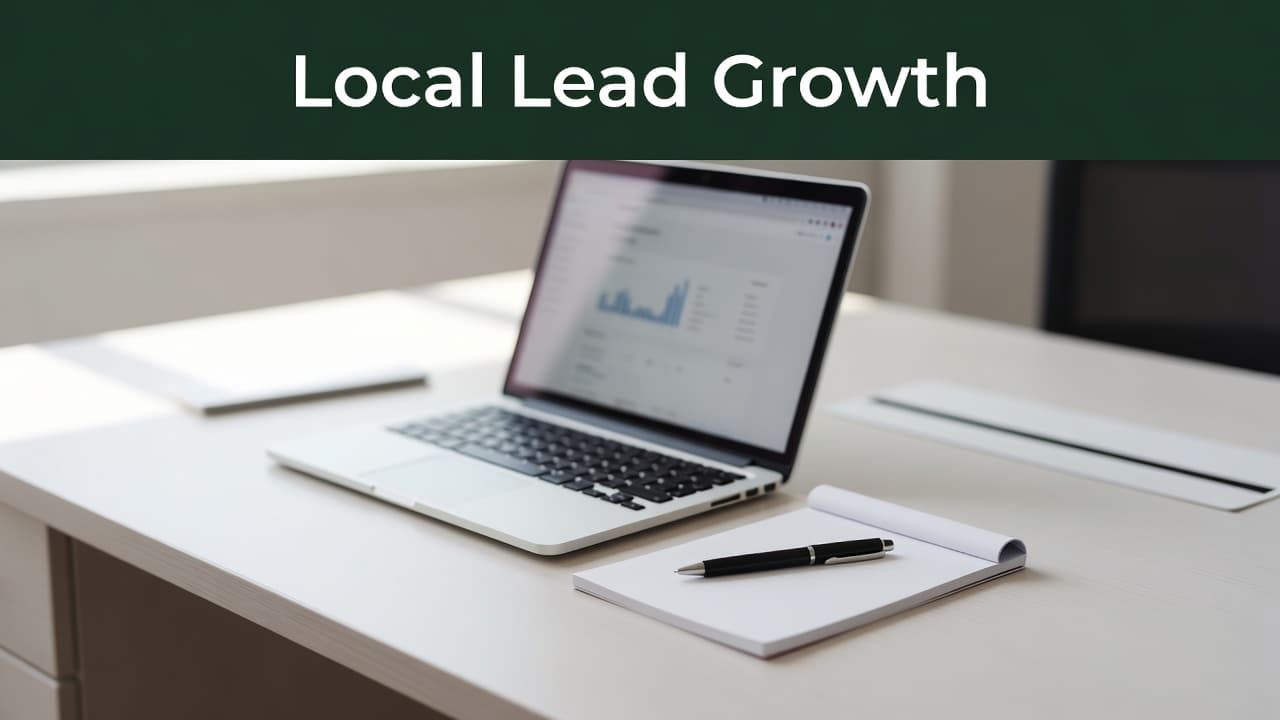 A top-down view shows a sleek laptop and notepad resting on a clean desk surface. A distinct dark-green header bar features bold white typography highlighting local service growth strategies.