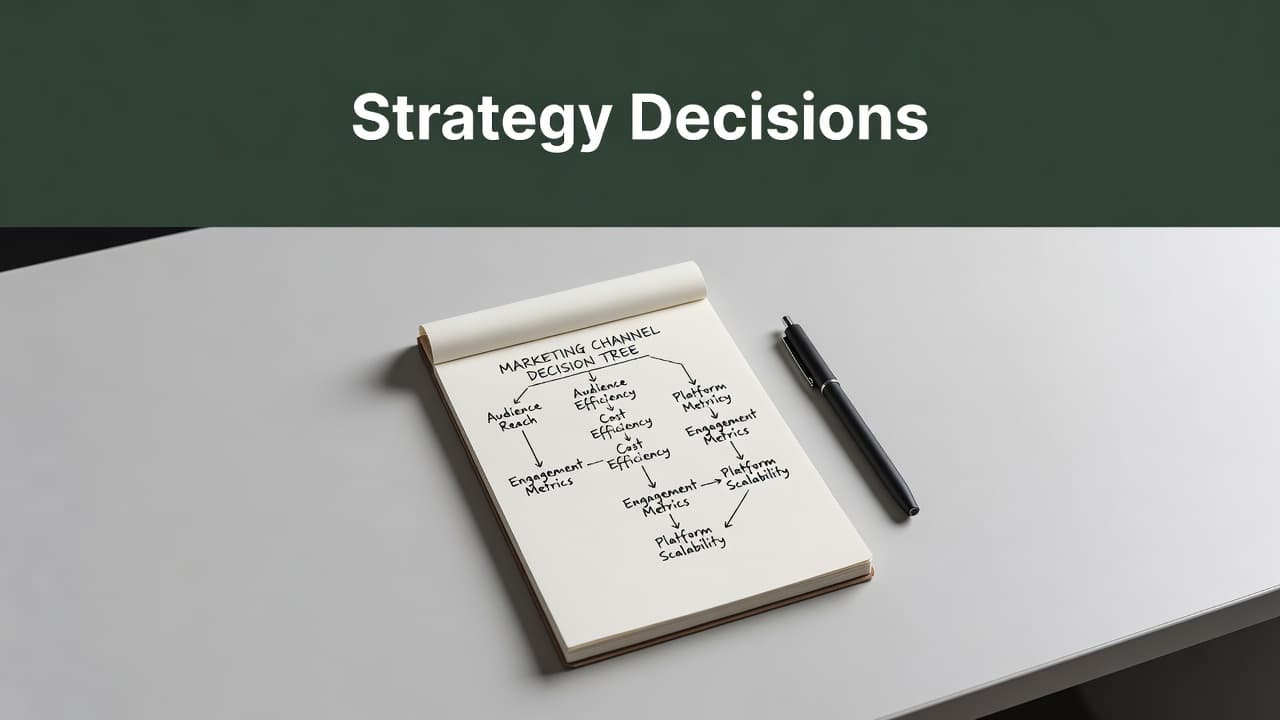 A clean wooden desk surface features a solitary open notepad paired with a single sleek pen. A dark green header bar at the top displays bold white text reading Strategy Decisions.