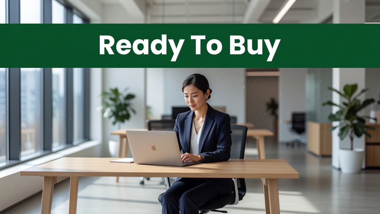 A focused professional types on a laptop inside a brightly lit office, framed by a distinct dark green banner at the top displaying bold white text to prompt immediate user engagement.