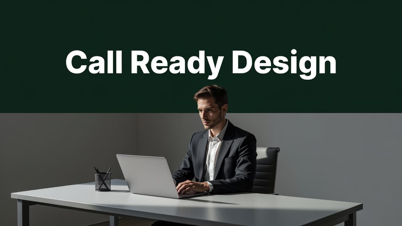 A person types on a laptop at a clean, professional desk. The screen displays a clear call to action under a bold green header titled Call Ready Design for optimal conversions.