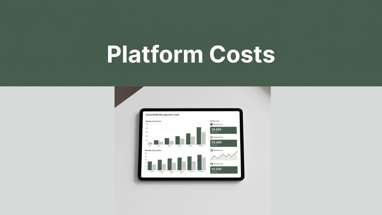 A clean tablet rests on a modern desk, displaying an interactive dashboard interface. A bold dark-green header at the top contains the white text Platform Costs, clearly visualizing ongoing monthly expenses.