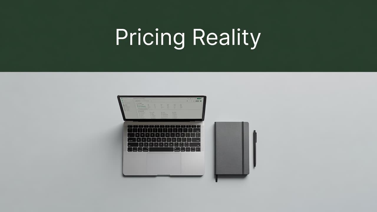 An overhead view of a desk featuring a laptop and notebook arranged neatly on a surface. A deep green banner at the top displays bold white text detailing strategic pricing structures.