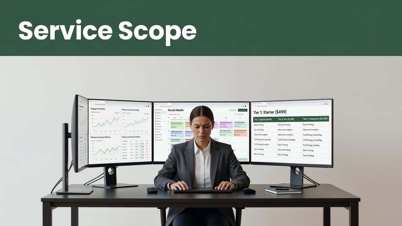 A focused professional sits at a desk featuring three monitors displaying colorful content calendars and analytics charts. The clean workspace includes a dark-green banner overhead labeled with service scope text.
