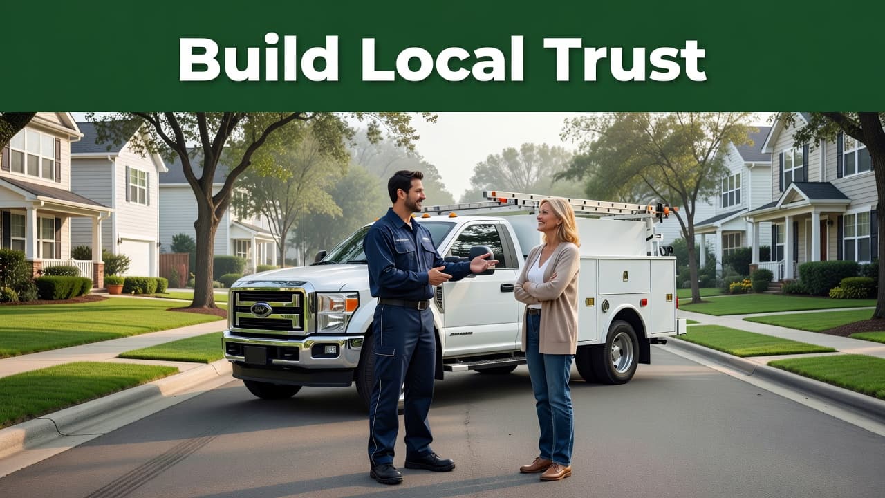 A uniformed service technician stands beside a white truck on a quiet street. A dark green banner at the top features bold white text highlighting the importance of building local trust.
