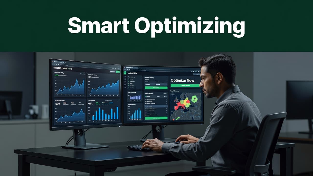 An agency professional examines complex data charts and website dashboards on dual monitors. A dark green header band displays the text Smart Optimizing above the workstation in a clean editorial style.