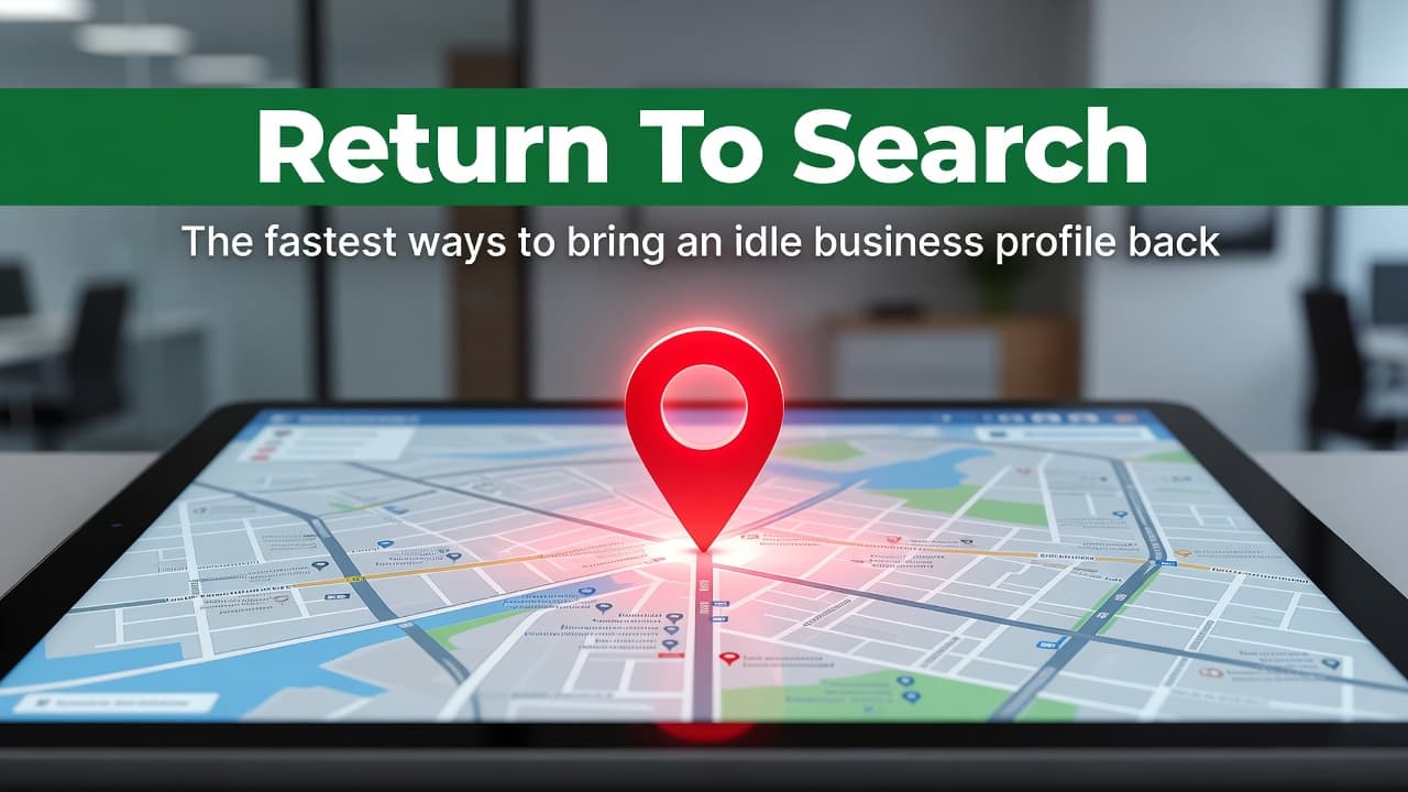 A close-up view displays a glowing red location marker set against a bright digital map interface. A prominent dark-green horizontal navigation bar rests at the top with white text.