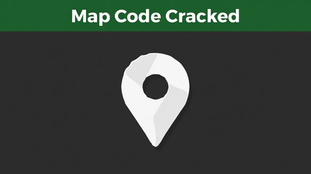 A minimalist map pinpoint icon sits centered against a high-contrast backdrop. Above the graphic, a deep green horizontal band prominently features the bold white text reading Map Code Cracked.