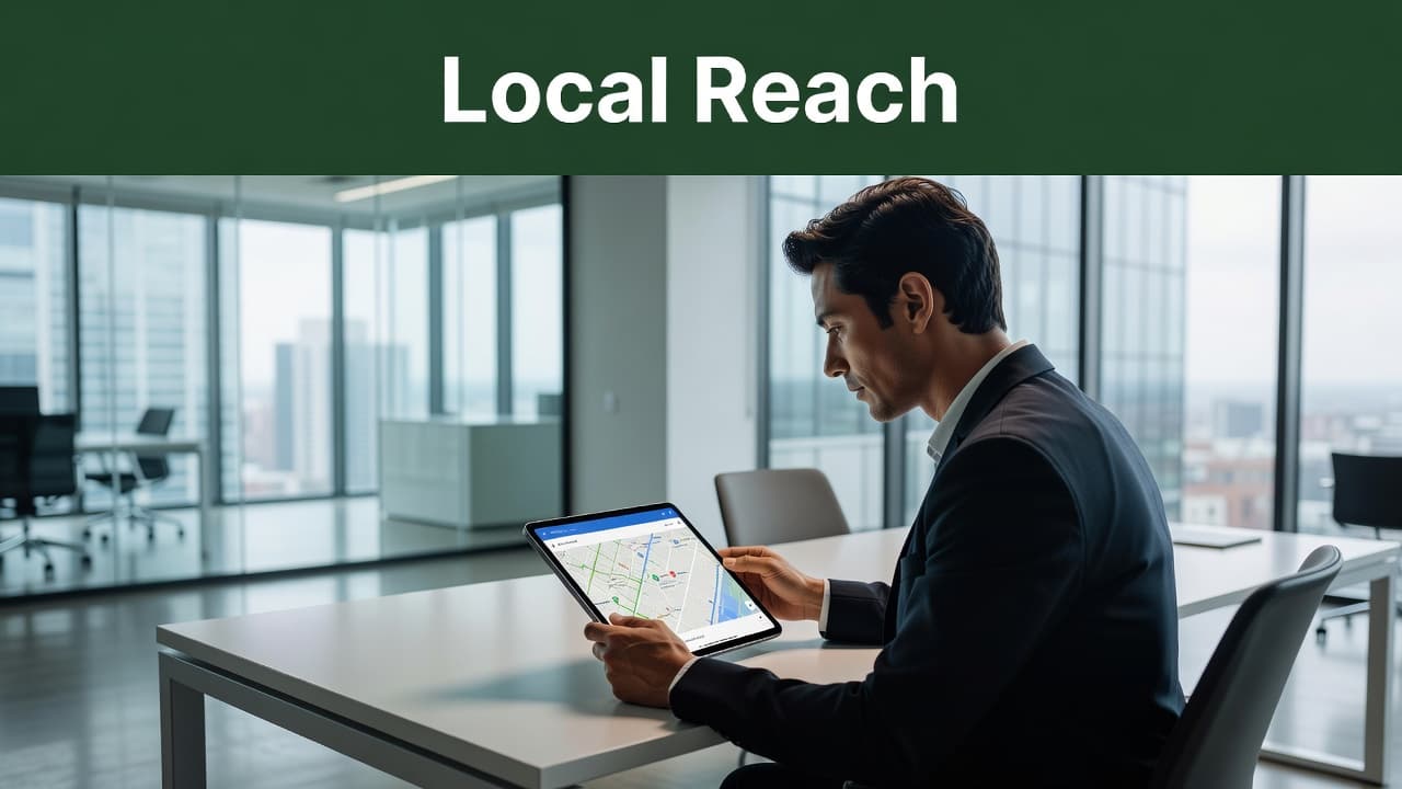 A focused professional holds a digital tablet displaying a detailed local map inside a bright office. A dark green header bar sits at the top of the screen featuring white text.