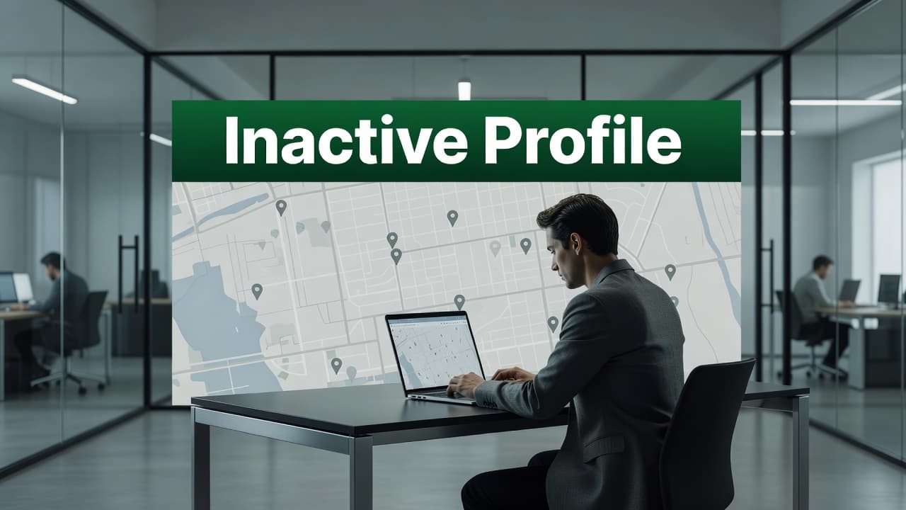 A close-up view of a professional laptop screen displays a digital map interface featuring dimmed location markers. A dark green header prominently displays the white text label Inactive Profile above.